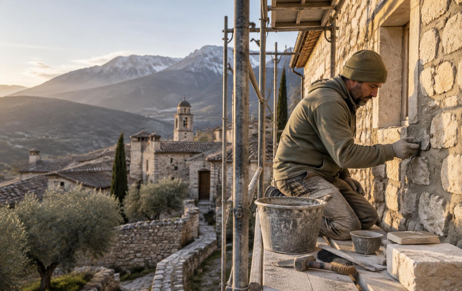 Artigiano al lavoro su una parete in pietra in Abruzzo